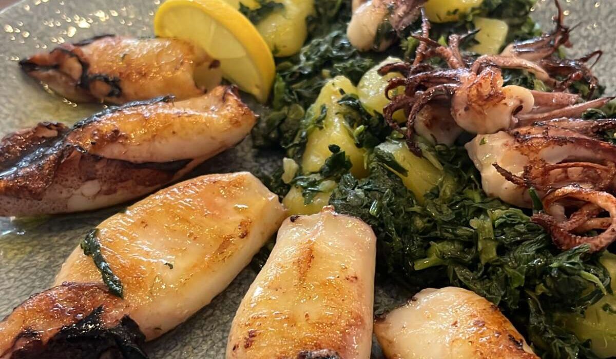 food and drinks in dubrovnik: squid with potatoes and Swiss chard